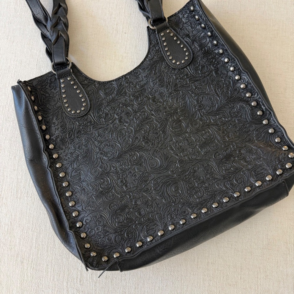 Sam & Hadley Black Embossed Floral Western Studded Tote Bag Braided Straps